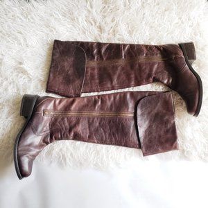 6.5 Brown Leather Over the Knee Foldover Boots